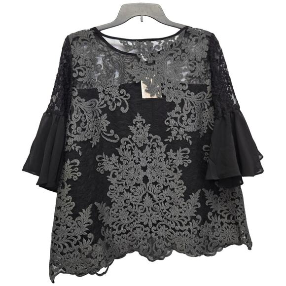 New Carmen Marc Valvo Womens Medium Nylon Lace Overlay Half Bell Sleeve Blouse - Picture 3 of 4